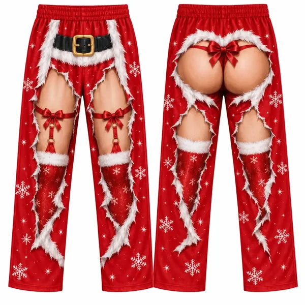 Funny Christmas Faux Ripped Pajama Pants β Santa Bow Illusion Print