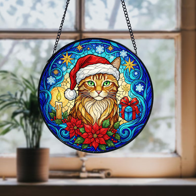 Personalized Christmas Cat Stained Glass Suncatcher β Santa Hat Cat Window Hanging Holiday Decor Gift