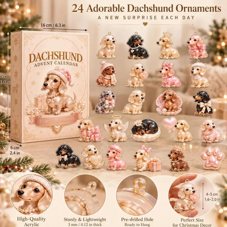 Dachshund Advent Calendar 2026, 24 Acrylic Dog Ornaments, Christmas Countdown, Doxie Lover Gift