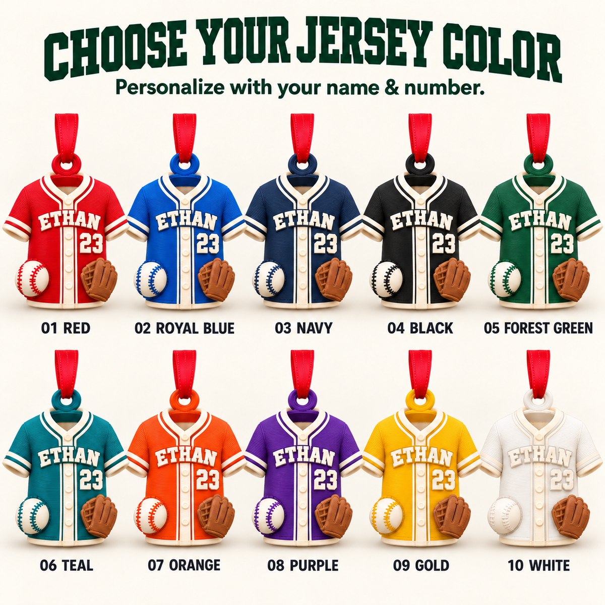 Personalized Baseball Jersey Ornament, 3D Printed Custom Name and Number