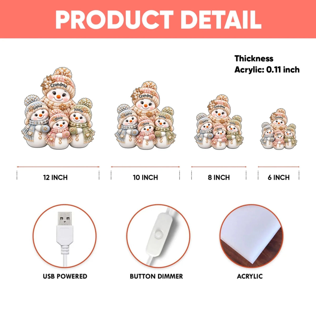 Luxury Pearl Snowman Family - Custom Shape Light Box - Christmas Gift for Grandma, Family