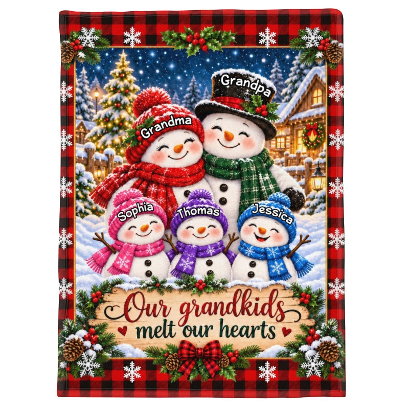 Cute Snowman Grandparents & Grandkids - Personalized Fleece Blanket - Christmas Gift For Grandparents