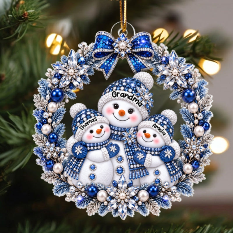 Grandma Grandkid Snowman Wreath - Personalized Acrylic Ornament - Christmas Gift for Grandma, Grandkids