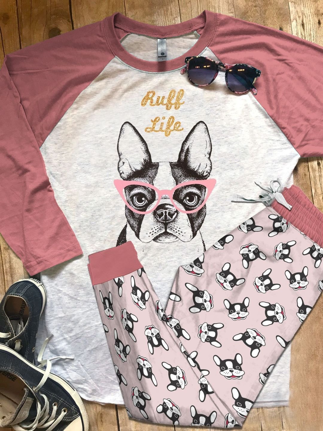 Boston Terrier Ruff Life Pink Best Mmc Pajama Set |Sleepwear Pjs Sets | Raglan Shirt Pants Set