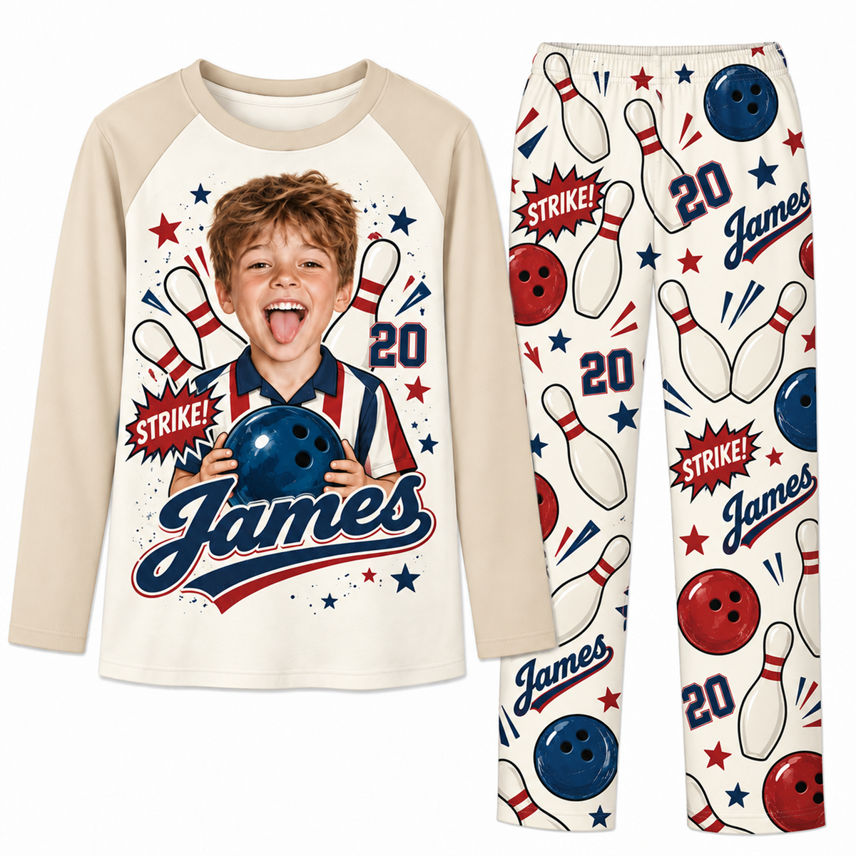 Custom Photo Name & Number Cute Bowling Lover Matching Family Pajamas
