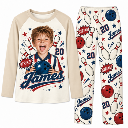 Custom Photo Name & Number Cute Bowling Lover Matching Family Pajamas