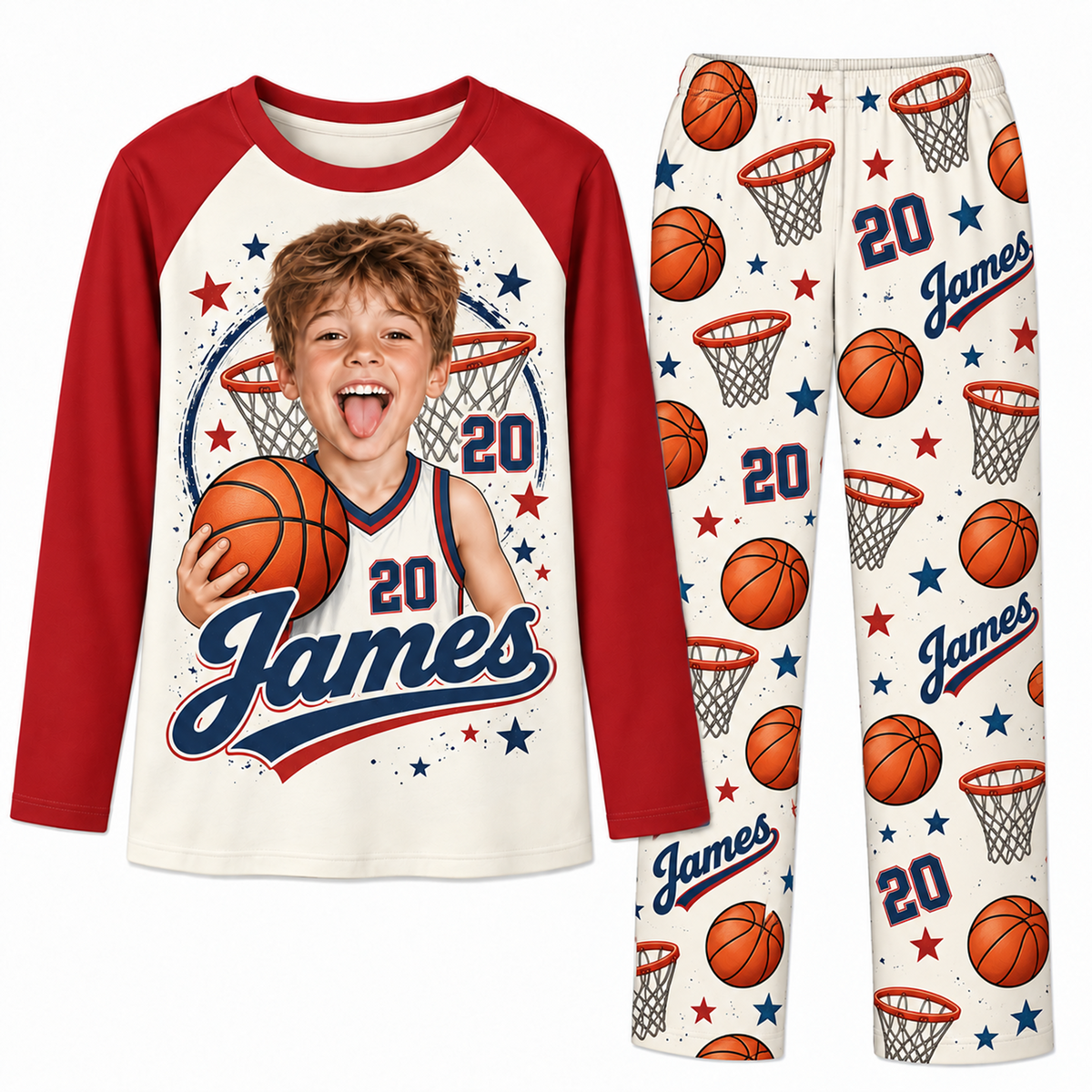 Custom Face Name & Number Cute Basketball Player Matching Family Christmas Pajamas