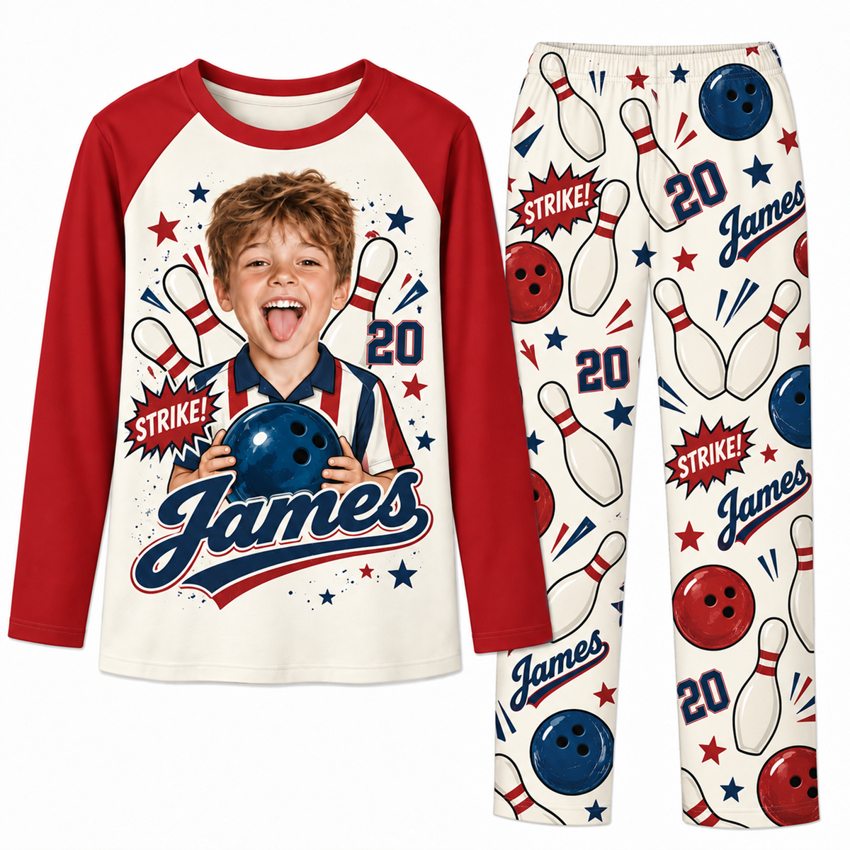 Custom Photo Name & Number Cute Bowling Lover Matching Family Pajamas