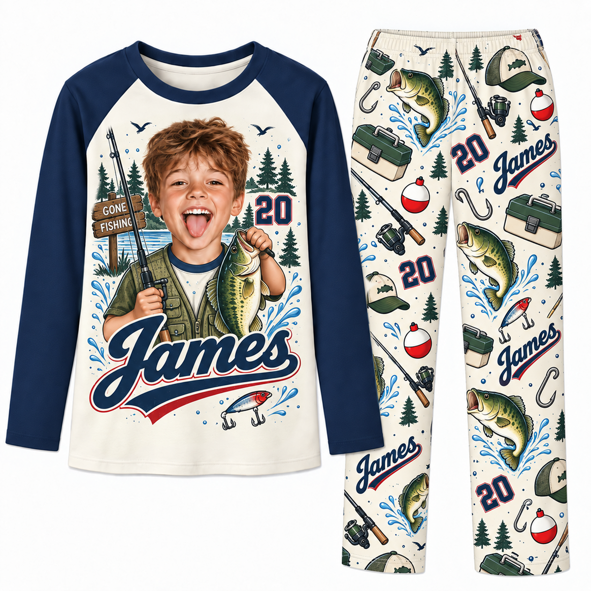 Upload Photo Personalized Fishing Dad & Kids Matching Family Pajamas