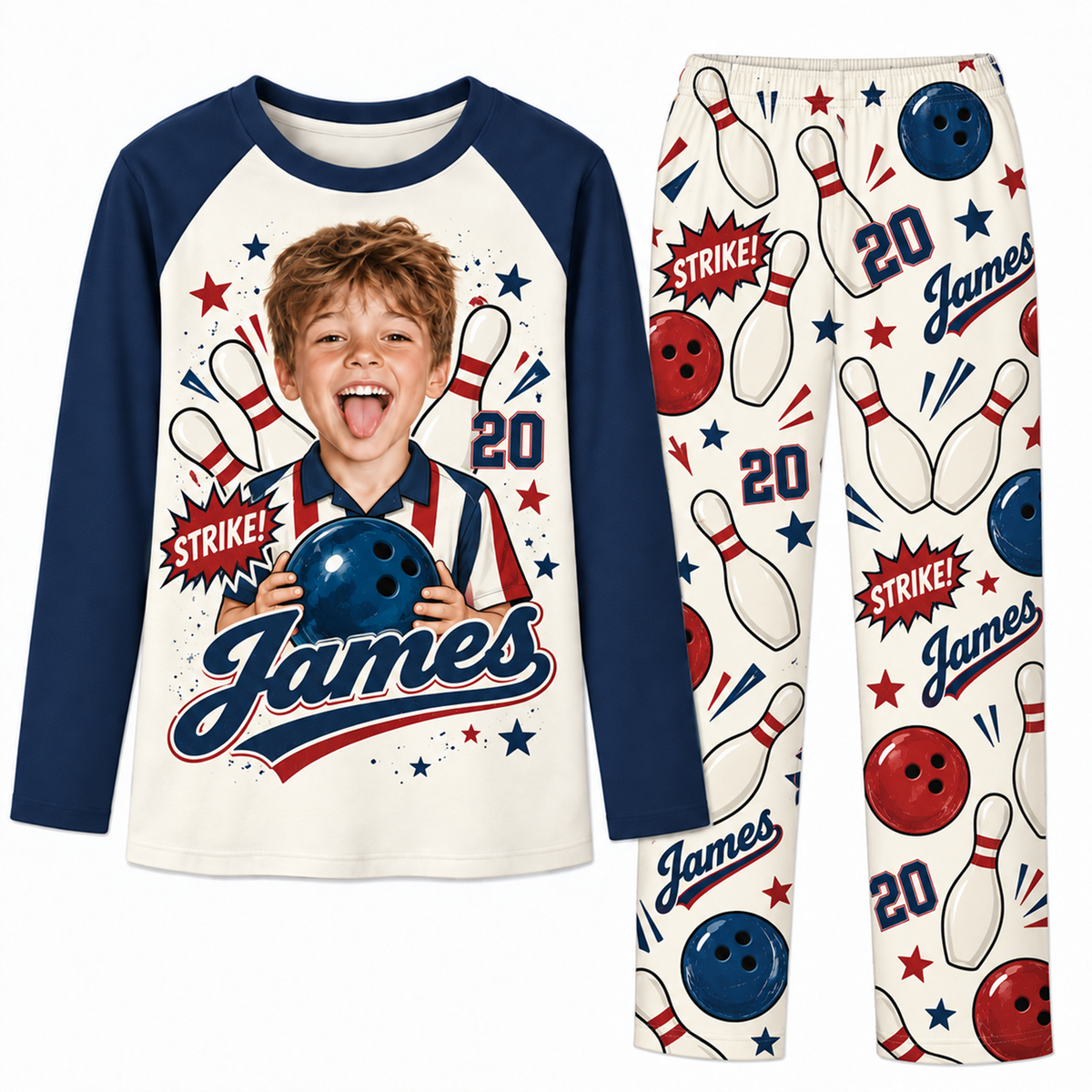 Custom Photo Name & Number Cute Bowling Lover Matching Family Pajamas