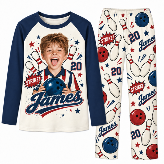 Custom Photo Name & Number Cute Bowling Lover Matching Family Pajamas