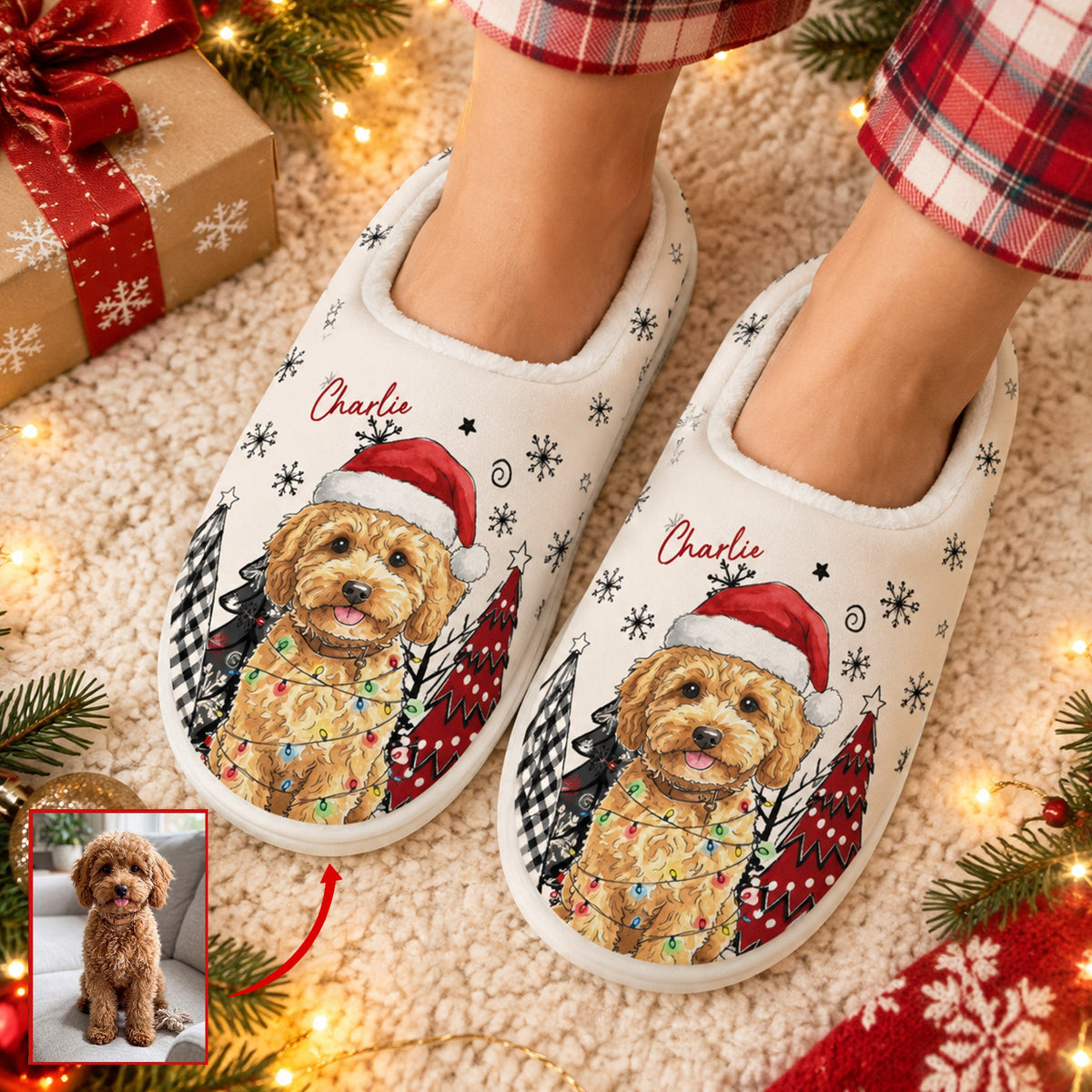 Custom Pet Photo Watercolor Art Christmas Gift For Pet Lovers - Personalized Slippers