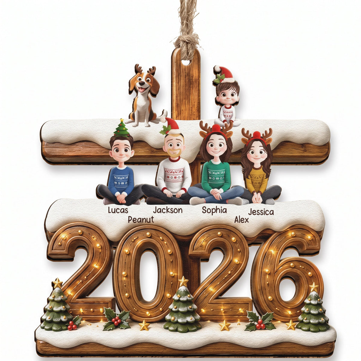 3D Effect Christmas Family And Dog Cat - Personalized Ornament