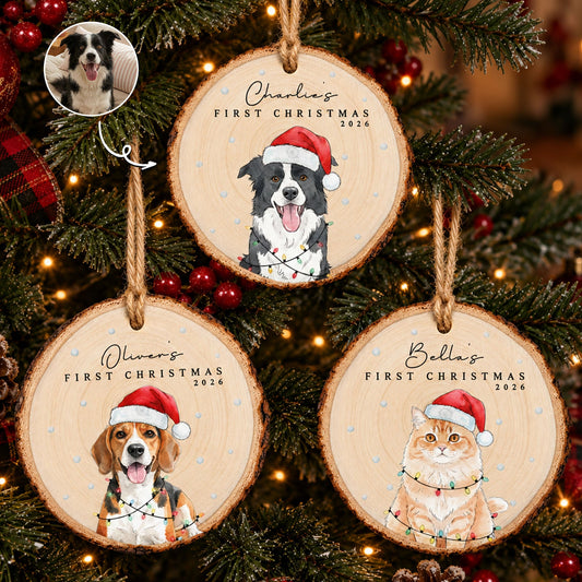 Custom Photo Watercolor First Christmas Pet, Baby Christmas Wooden Ornament - Personalized Ornament