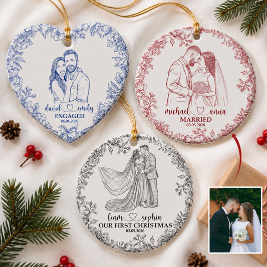 Custom Couple Photo Sketch Line Art First Christmas Married - Personalized Ornament