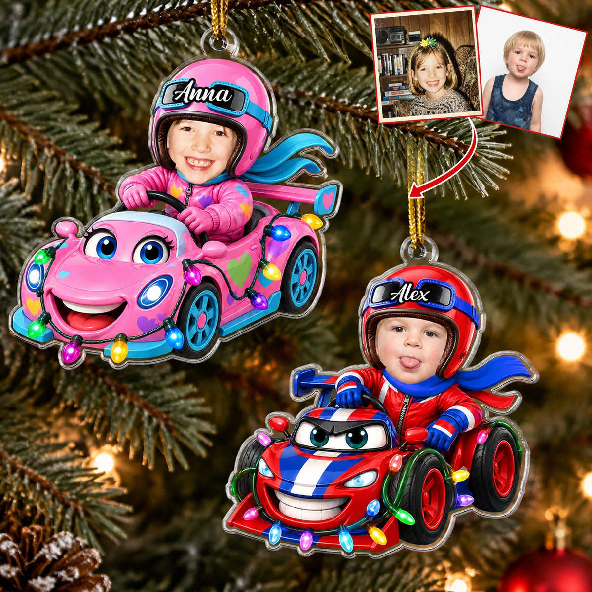Custom Kid Funny Face Racing Car Christmas Gifts For Son, Daughter, Grandkids - Personalized Ornament