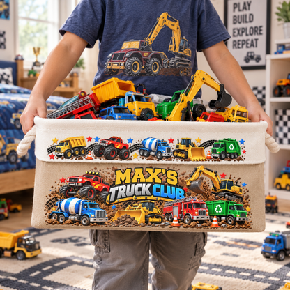 Custom Name Toddler Construction Truck Excavator Vehicle Toy - Personalized Storage Basket