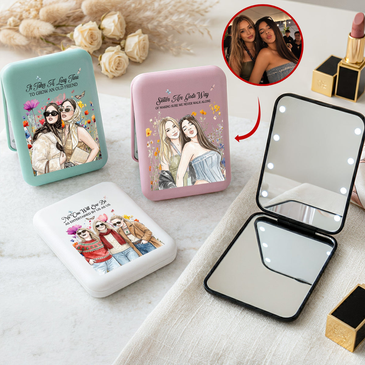 Custom Friendship Gifts Photo Watercolor For Her, BFFs, Soul Sisters - Personalized Mirror