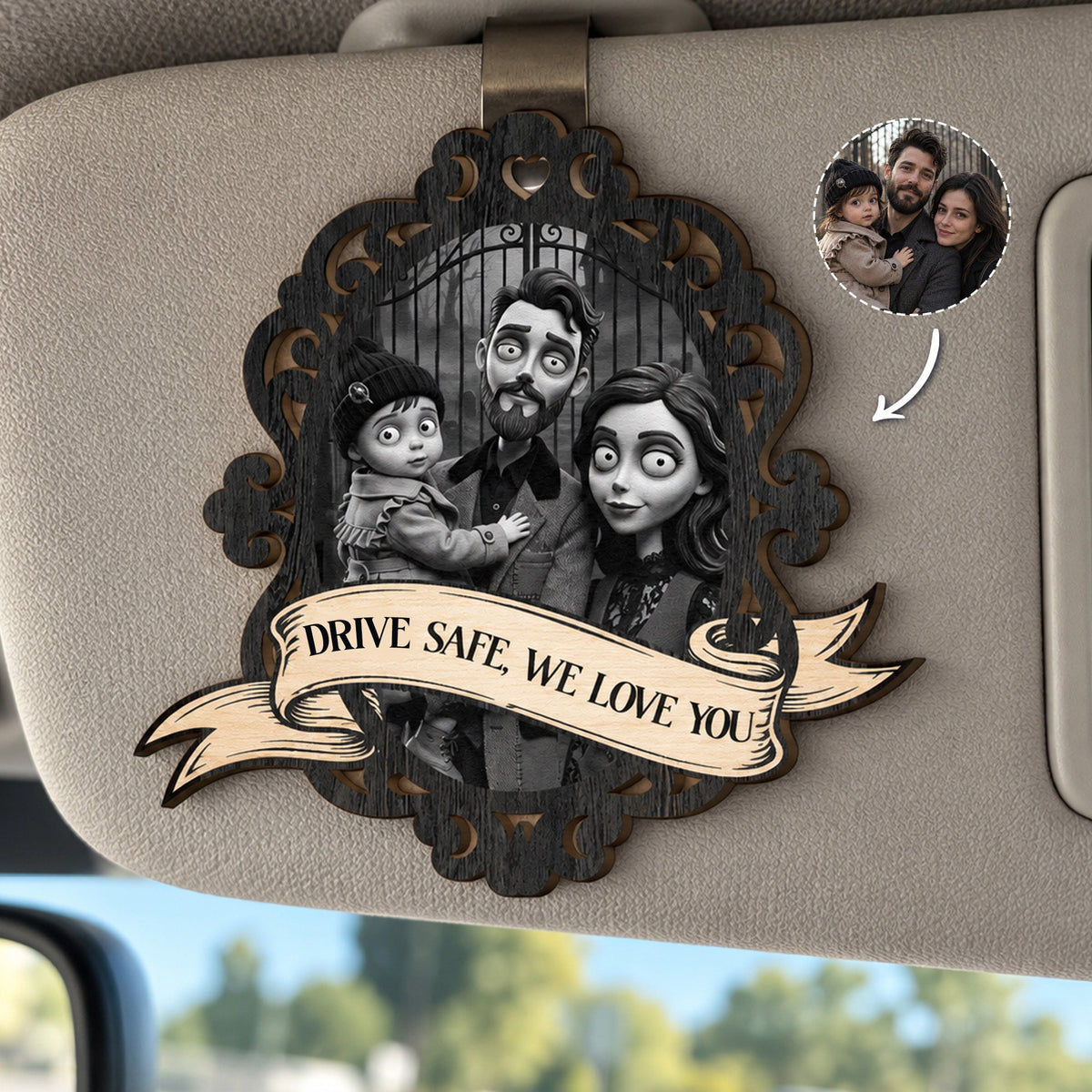 Gothic Clay Style Drive Safe - Personalized Car Visor Clip