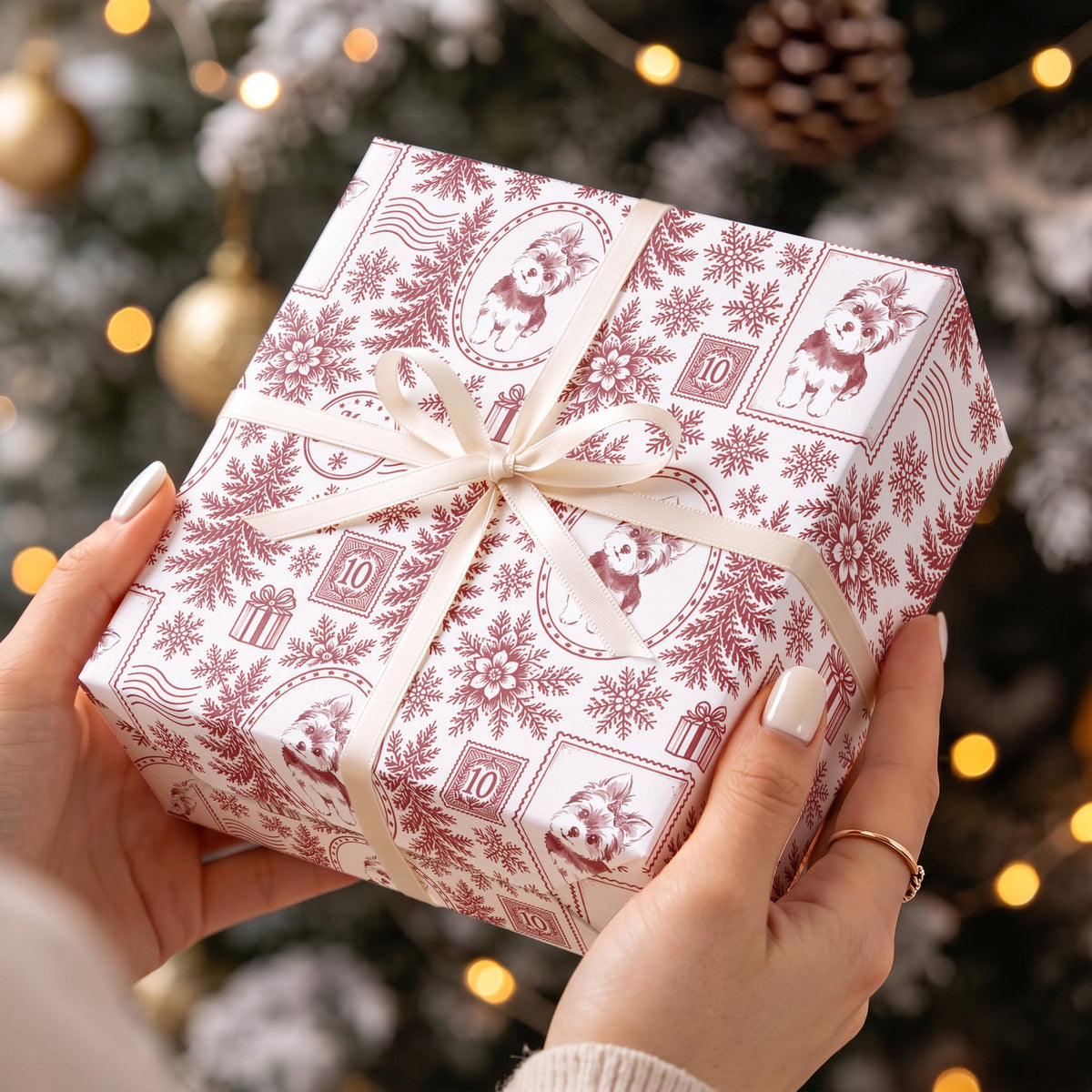 Custom Photo Pet Portrait Christmas Postage Stamp Pattern - Personalized Wrapping Paper