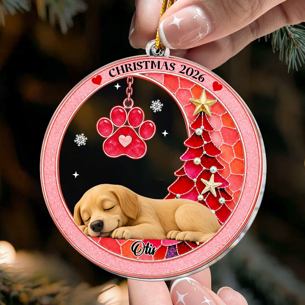 Custom Pet Name Christmas Memorial Ornament, Pet Loss Remembrance Gift, Sea Glass 3D Effect Paw Print - Personalized Ornament