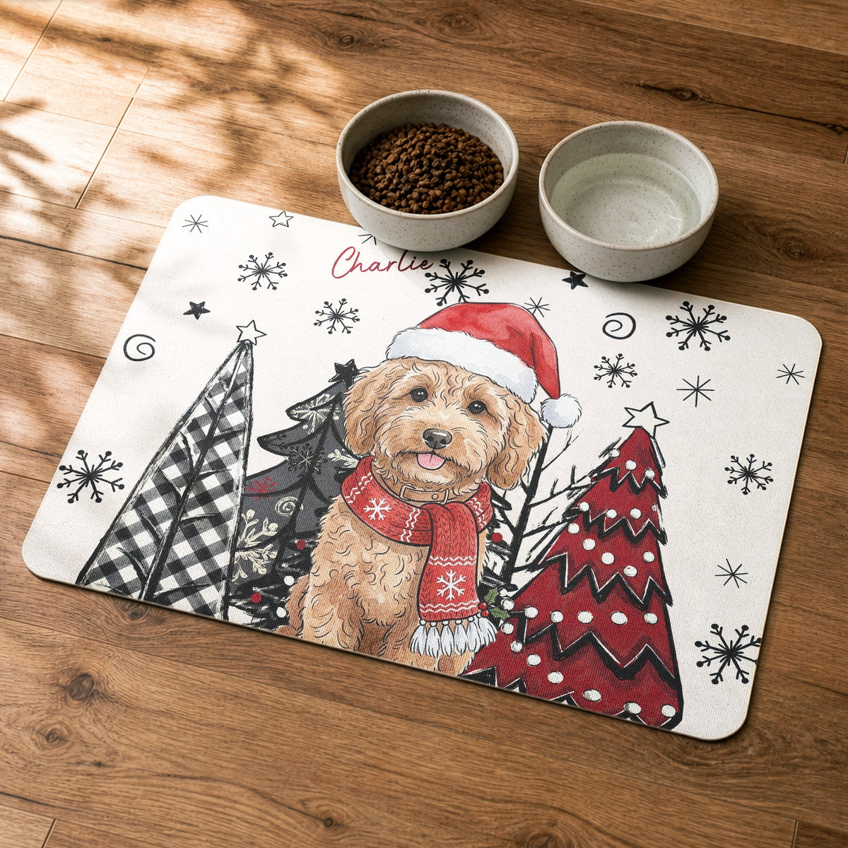 Custom Pet Photo Watercolor Christmas Food Placemat - Personalized Pet Feeding Mat