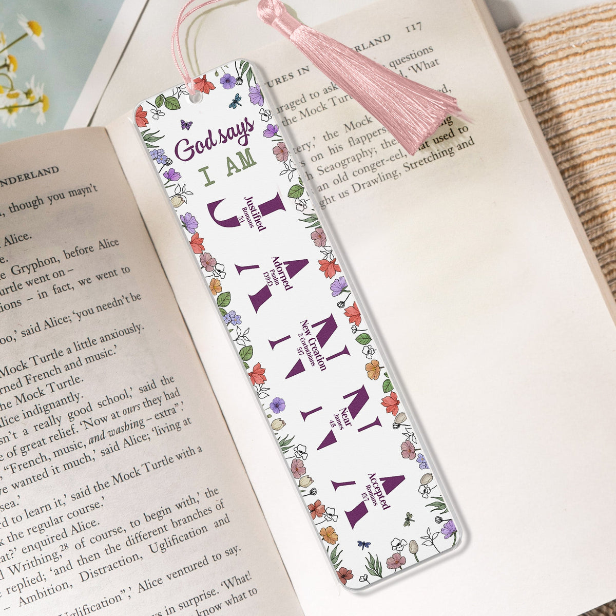 God Says I Am And Name Letter In Bible Verses - Custom Acrylic Bookmark