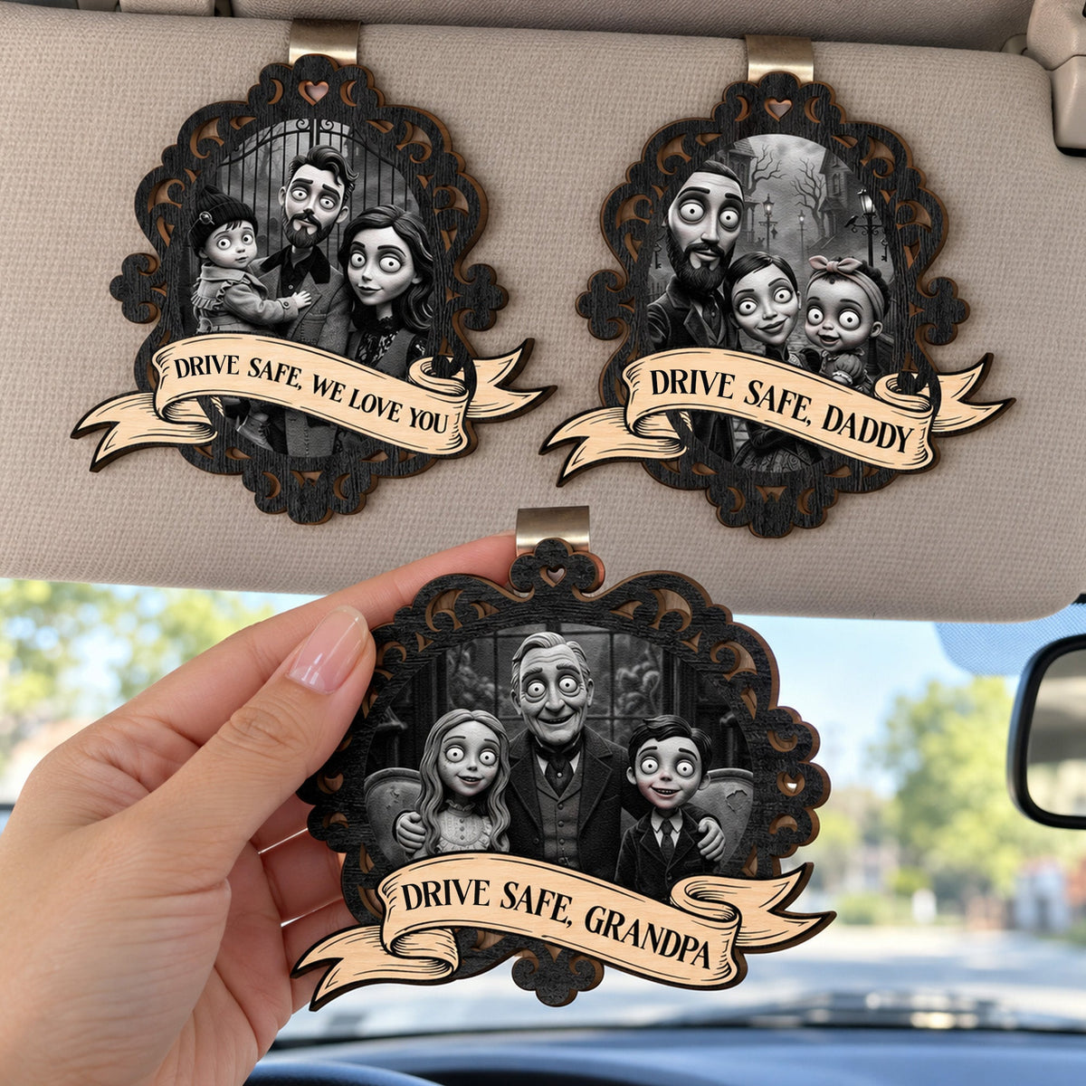 Gothic Clay Style Drive Safe - Personalized Car Visor Clip