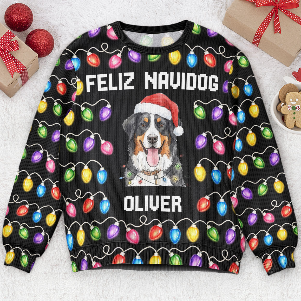 Custom Funny Pet Christmas Santa With Lights Feliz Navidog - Personalized Ugly Sweater