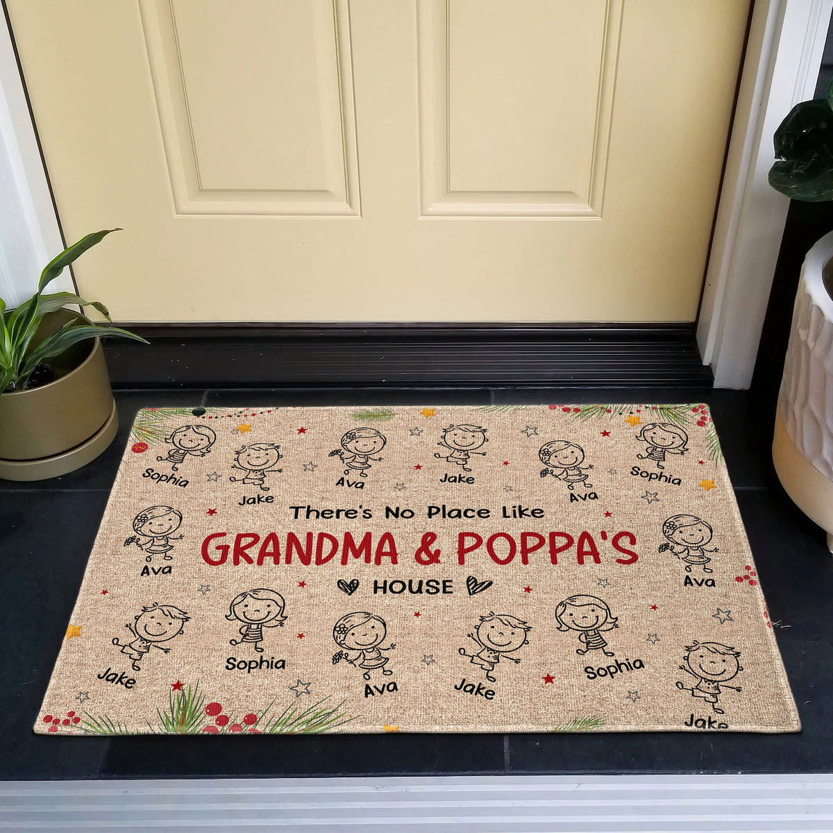 There's No Place Like Grandma & Grandpa's House With Cute Grandkids' Names - Personalized Doormat
