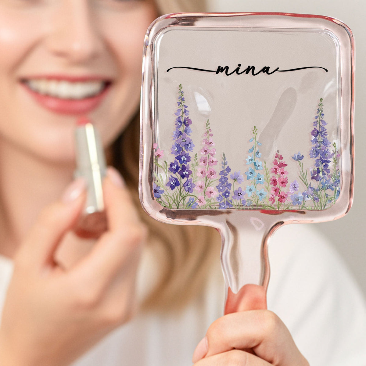 Custom Birth Flower & Name For Her, Wife, Daughter, Sister - Personalized Handheld Mirror