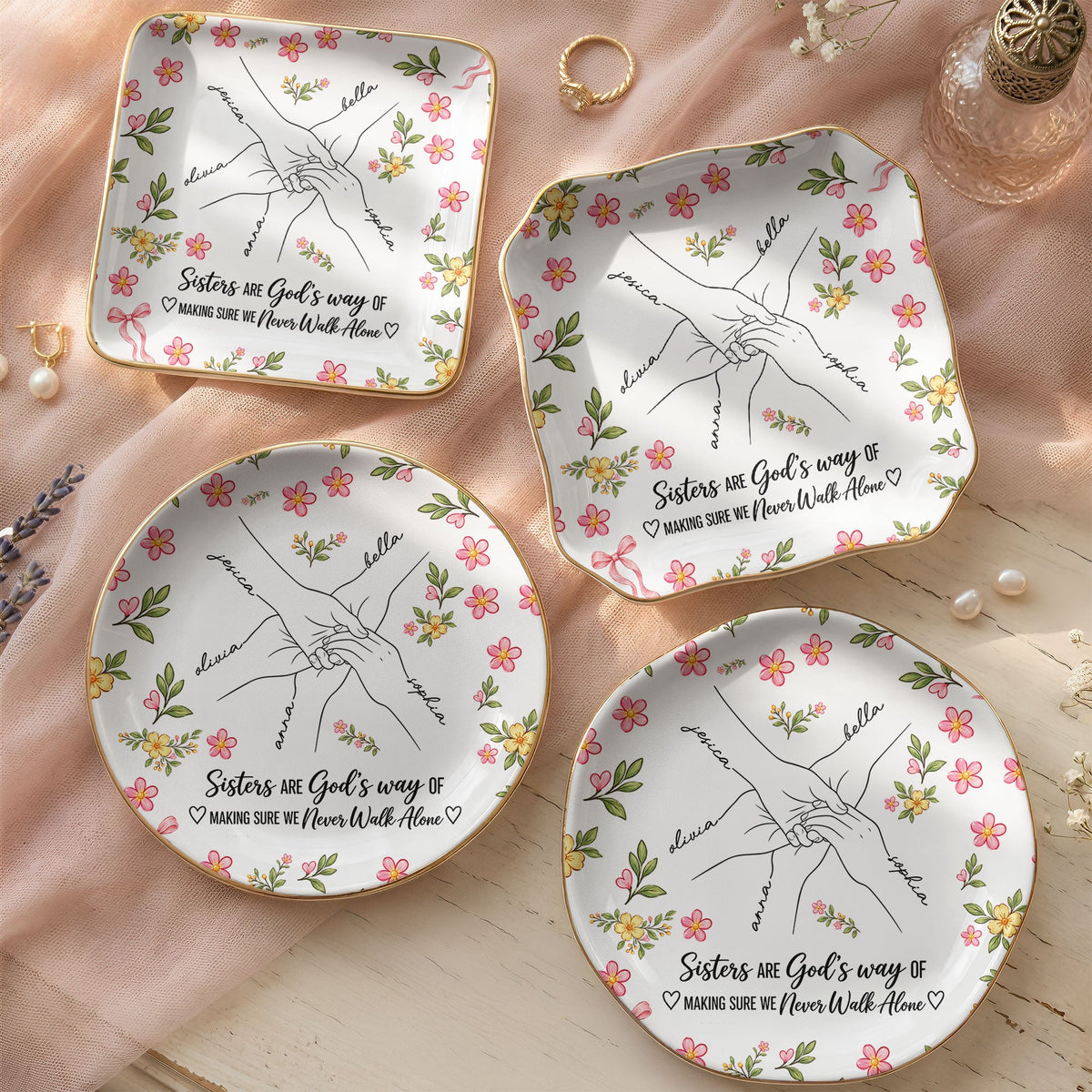 Hands Print Line Art Custom Name Gift For Sister Personalized Jewelry Dish Ma4Thxg90