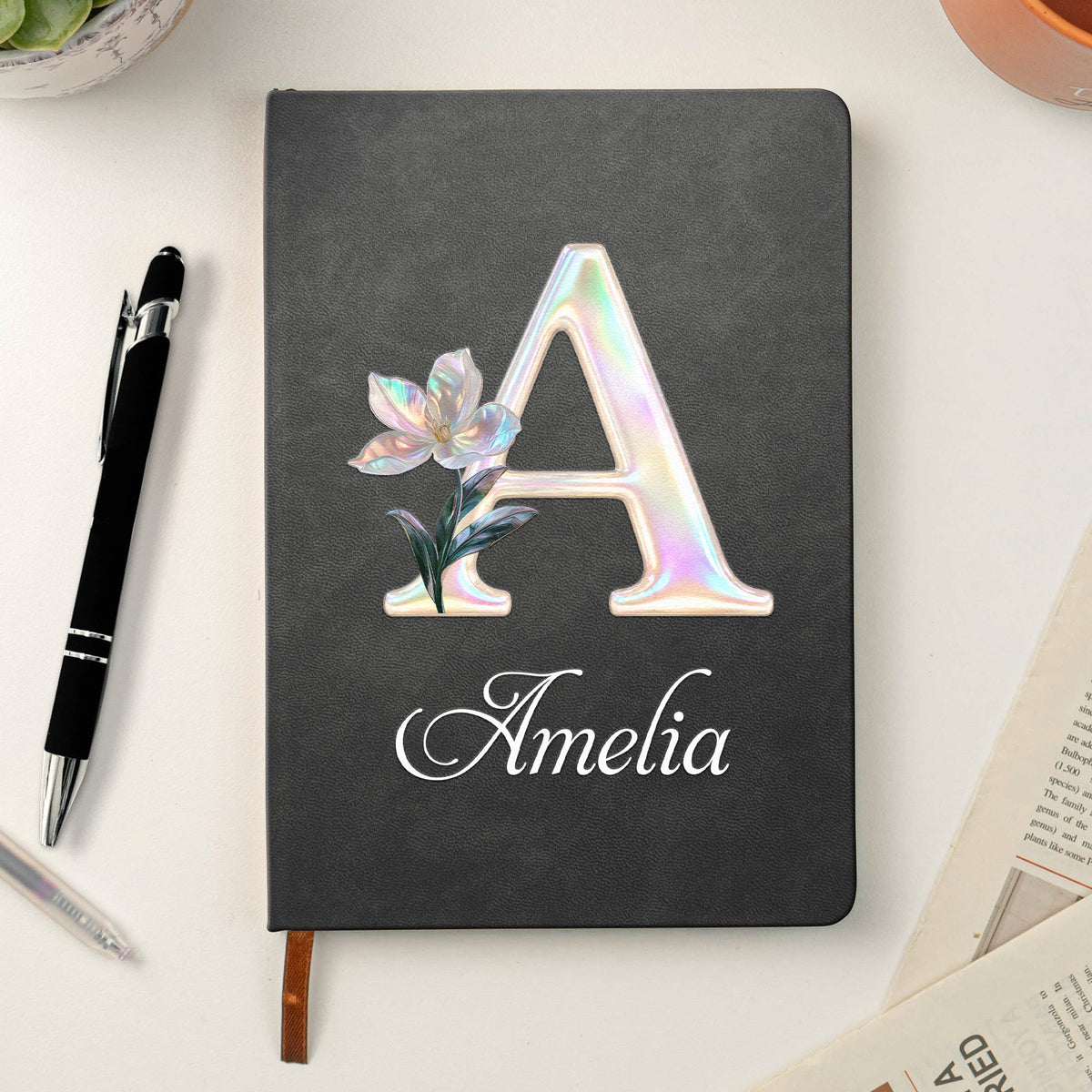 Custom Mother Of Pearl Effect Birth Flower And Initial For Her Daughter Coworker Personalized Journal Maoba3Hi8