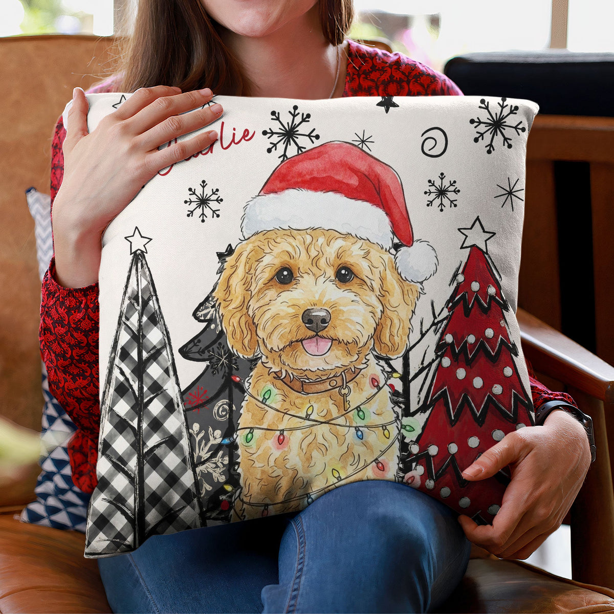 Custom Pet Photo Watercolor Art Christmas Winter Decor Gift - Personalized Pillow