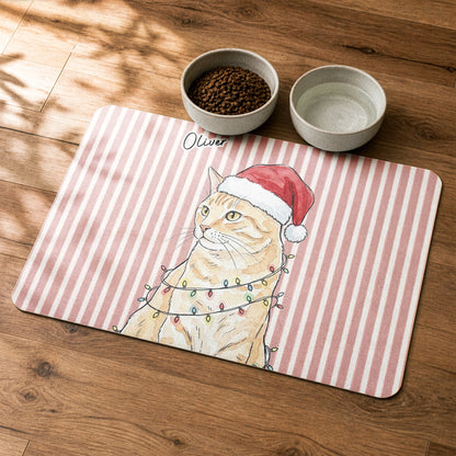 Custom Pet Photo Watercolor Christmas Food Placemat - Personalized Pet Feeding Mat
