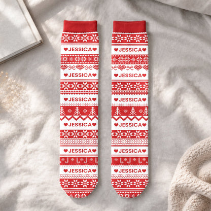 Xmas Gift, Custom Name, Fair Isle Knit Pattern - Personalized Socks