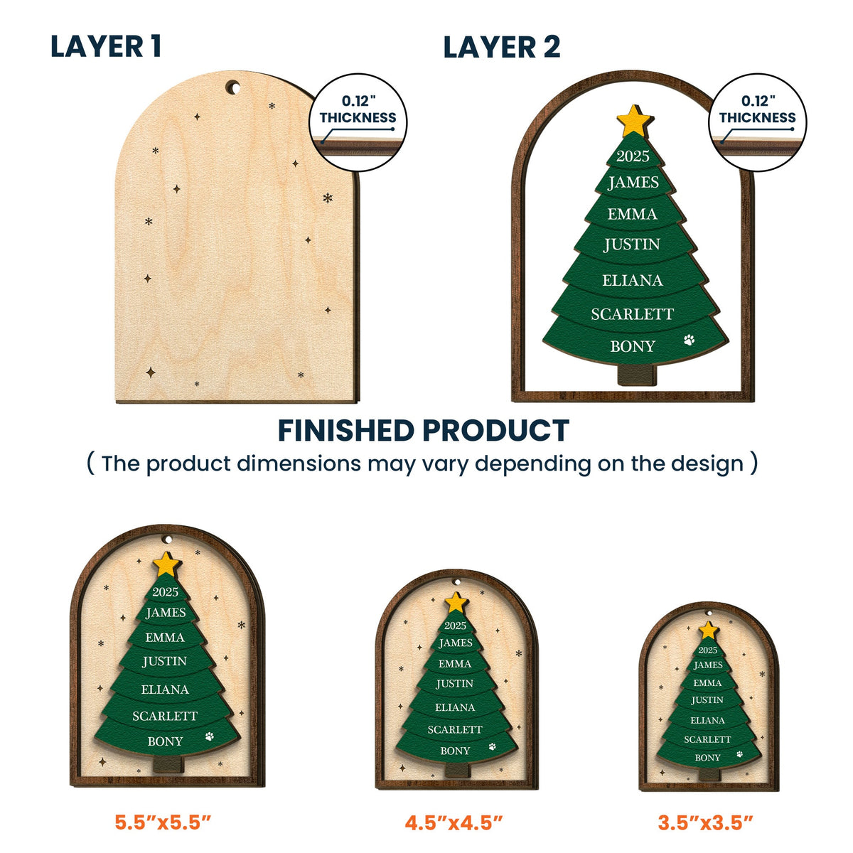 Our Family Christmas Tree Name 2 Layers Christmas Ornament - Personalized Wooden Ornament
