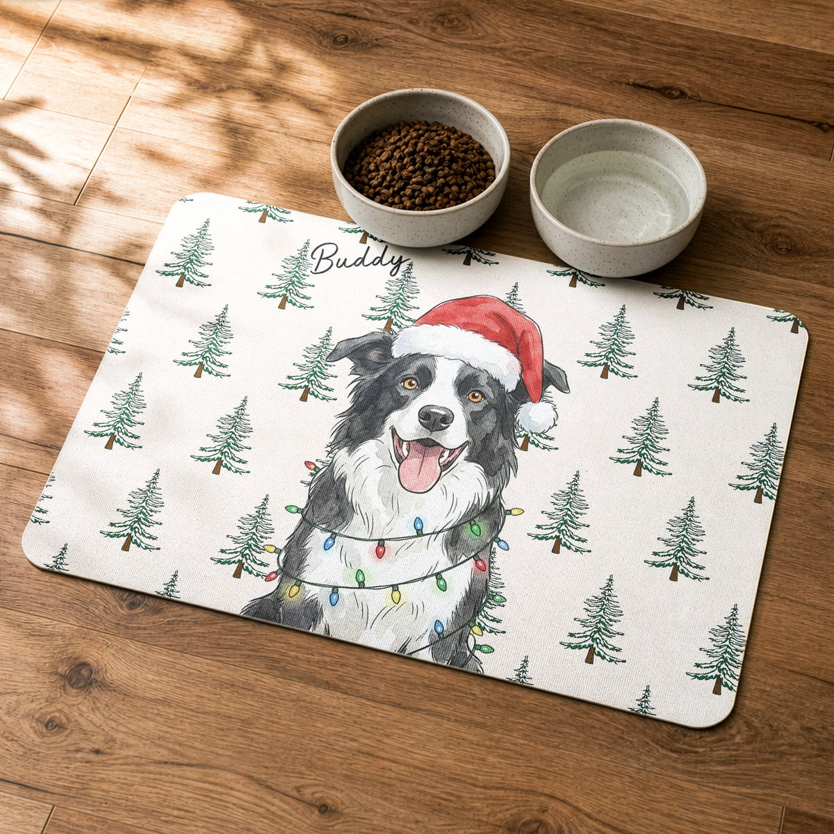 Custom Pet Photo Watercolor Christmas Food Placemat - Personalized Pet Feeding Mat