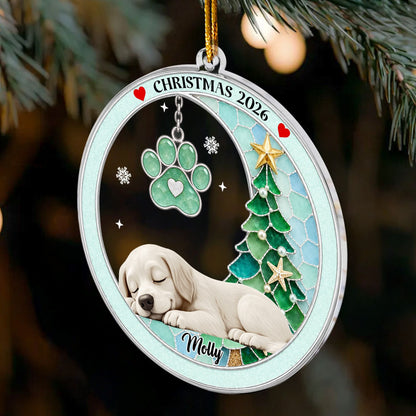 Custom Pet Name Christmas Memorial Ornament, Pet Loss Remembrance Gift, Sea Glass 3D Effect Paw Print - Personalized Ornament