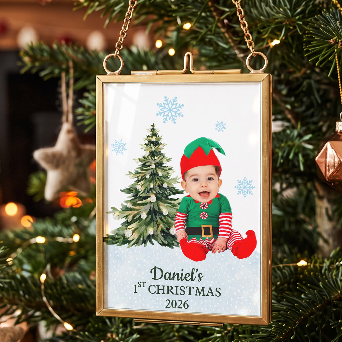 Christmas Frame Ornament Custom Kid Funny Face First Christmas - Personalized Ornament