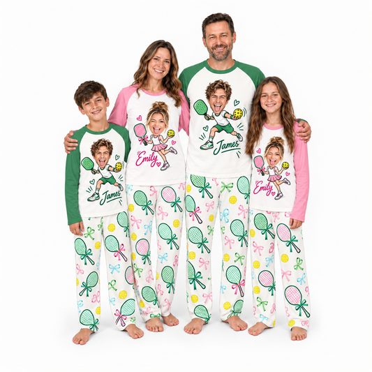 Custom Face & Name Cute Pickleball Player Matching Family Pajamas