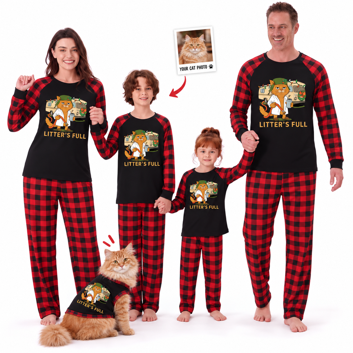 Custom Photo Funny Cat Litter's Full RV Christmas Red Plaid Family Christmas Pajamas With Pet