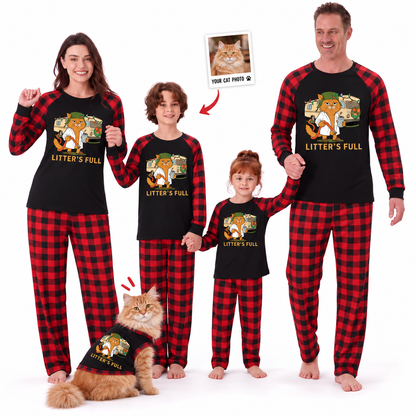 Custom Photo Funny Cat Litter's Full RV Christmas Red Plaid Family Christmas Pajamas With Pet