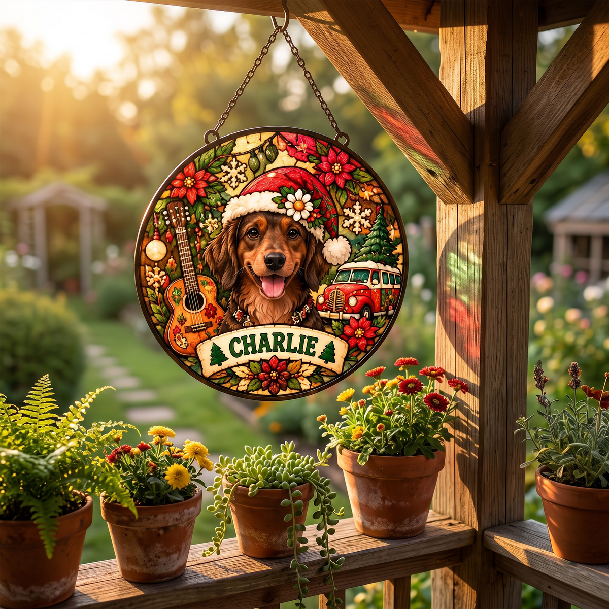 Personalized Hippie Christmas Pet Portrait Stained Glass Suncatcher – Custom Pet Name, Groovy Holiday Window Hanging Gift
