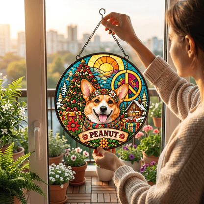 Personalized Hippie Christmas Pet Portrait Stained Glass Suncatcher – Custom Pet Name, Groovy Peace Holiday Window Hanging Gift
