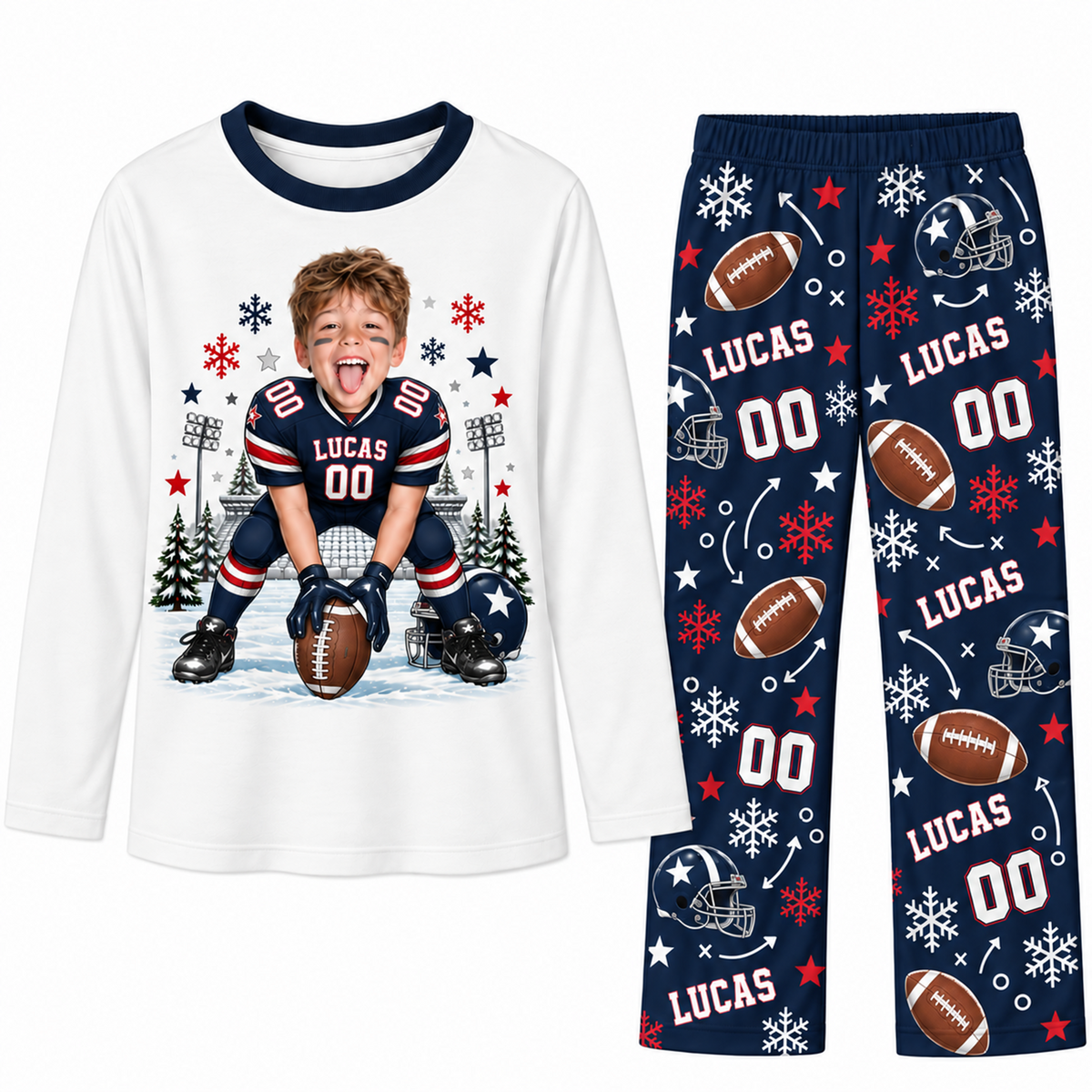 Custom Photo Name & Number Cute American Football Player Christmas Matching Family Pajamas