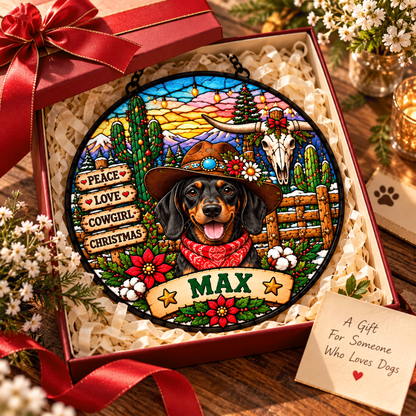 Personalized Cowgirl/Cowboy Christmas Pet Portrait Stained Glass Suncatcher, Custom Pet Name Western Holiday Window Hanging Gift