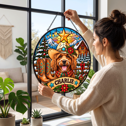 Personalized Western Christmas Pet Portrait Stained Glass Suncatcher – Custom Pet Name, Cowboy Holiday Window Hanging Gift