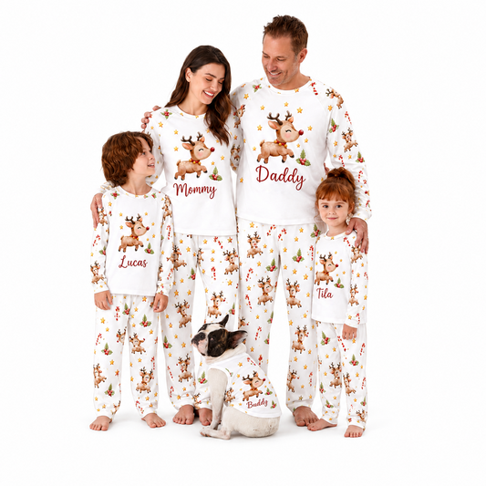 Custom Name Family Christmas Reindeer Matching Pajamas With Pet