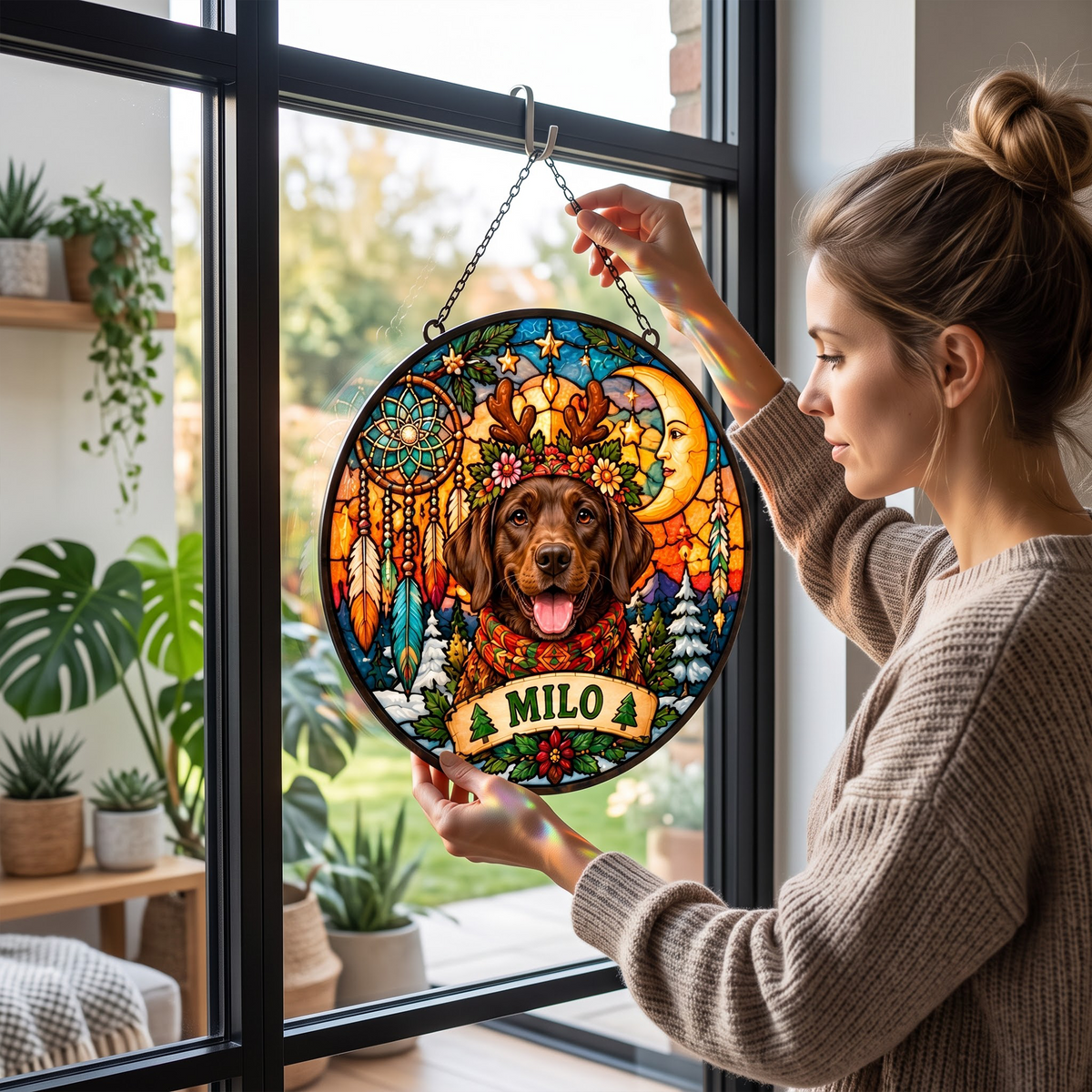 Personalized Hippie Christmas Pet Portrait Stained Glass Suncatcher – Custom Pet Name, Groovy Peace Holiday Window Hanging Gift